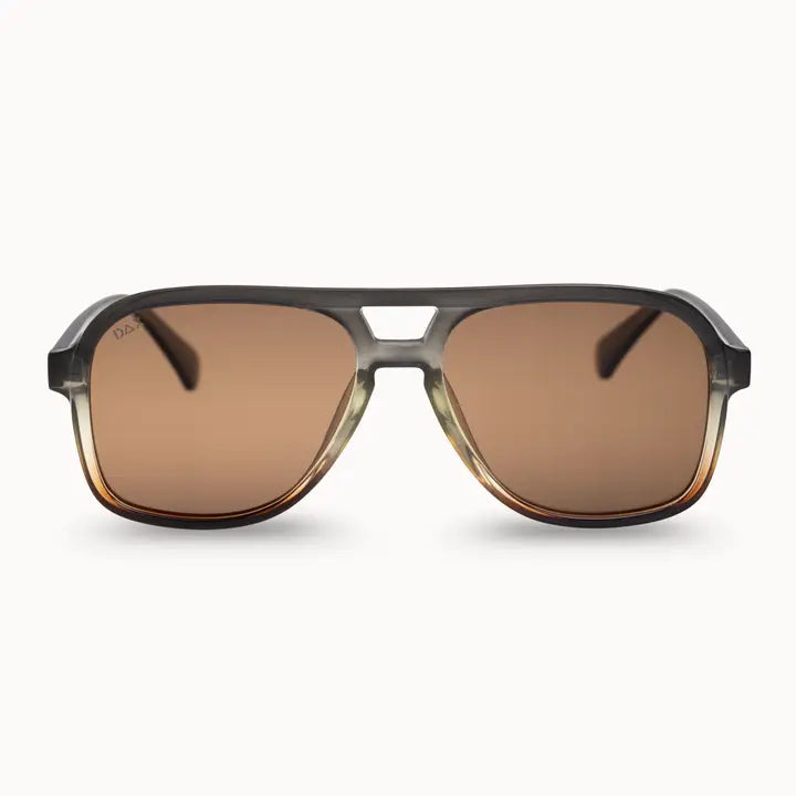 Sunglasses with brown lenses and black frame on a white background