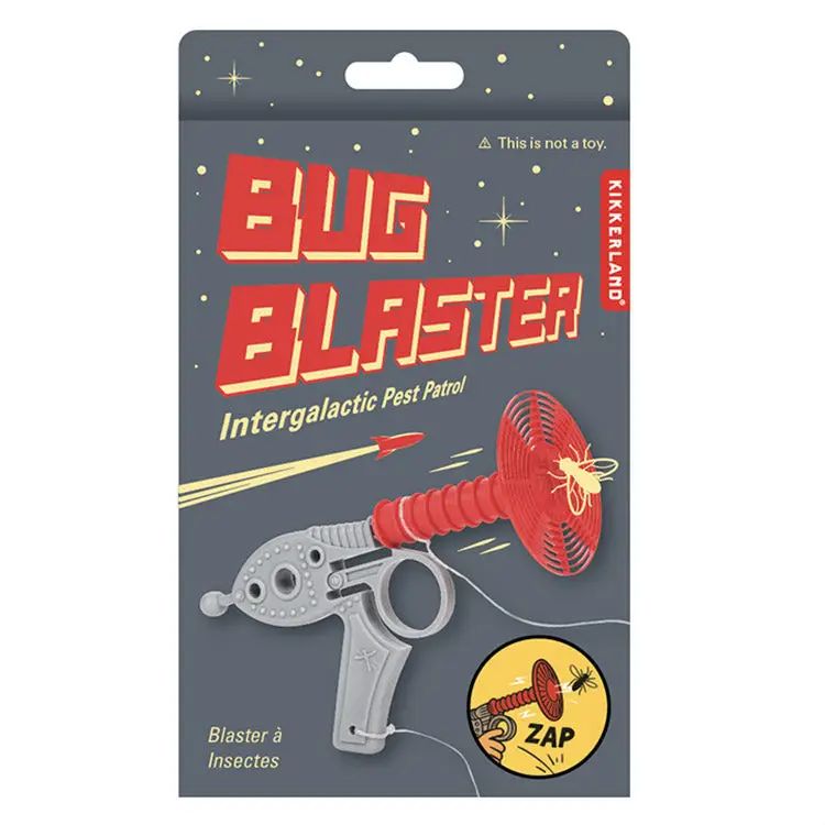 Packaging of a 'Bug Blaster' toy with a gray gun and red nozzle on a dark background.