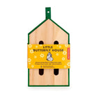 Wooden butterfly house with a yellow label on a white background