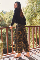 Back view of washed camo drawstring pants