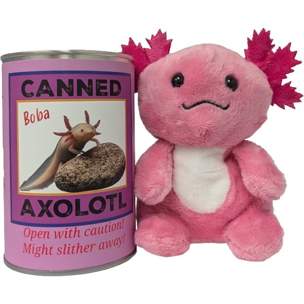 Canned Pink Axolotl plush in a can by Canned Gifts
