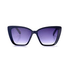 Black cat-eye sunglasses with purple gradient lenses on a white background