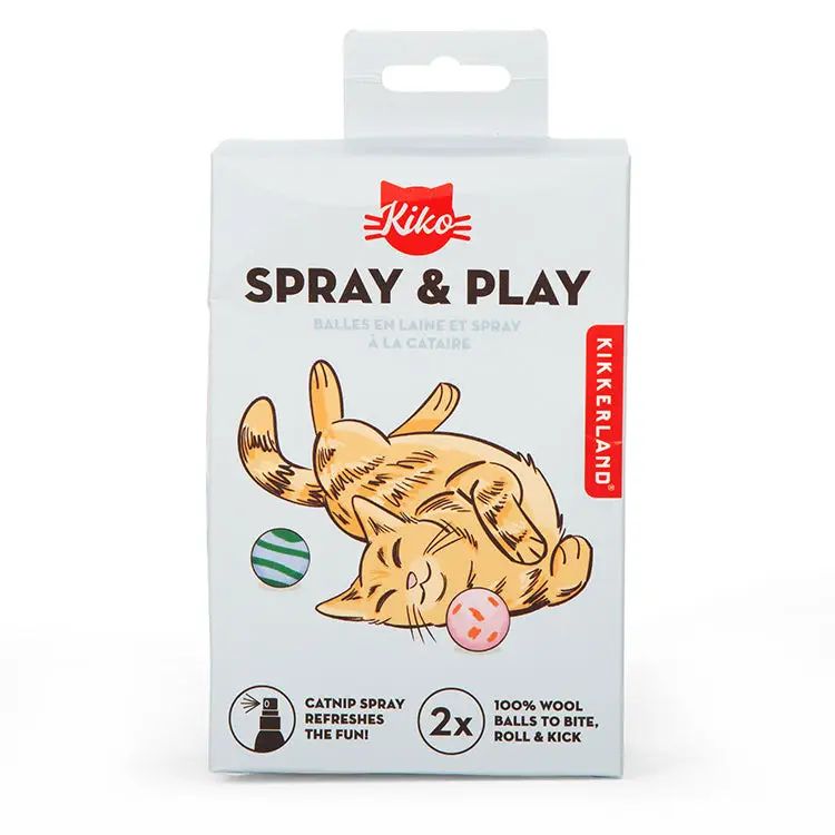 Kiko Spray & Play packaging with a cat illustration on a white background