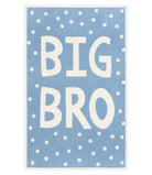 Blue nursery rug with 'BIG BRO' text and star patterns