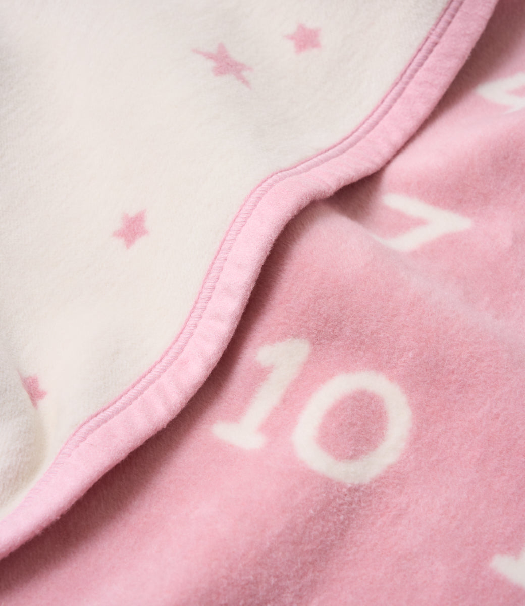 Close-up of the soft knit and woven numbers on the Chappywrap Milestone Mini Blanket in Blush
