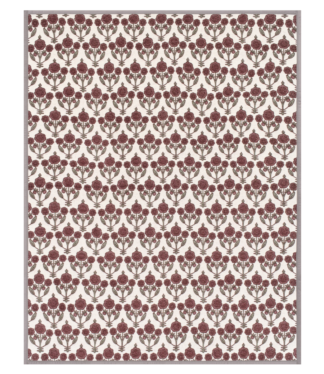 Full view of the Chappywrap Ruthie Blockprint Blanket in burgundy and cream