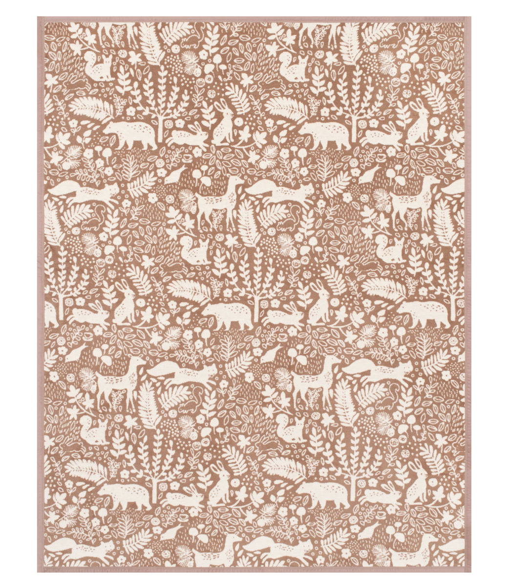 Full view of the Chappywrap Whimsical Woods Blanket in Sepia with foxes, rabbits and leaves