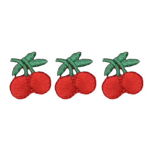 Embroidered set of three red cherries iron-on patches