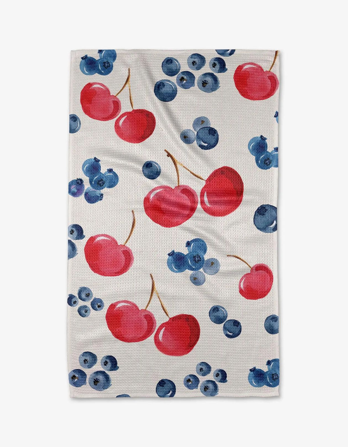 Festive towel with cherries and blueberries on a white background