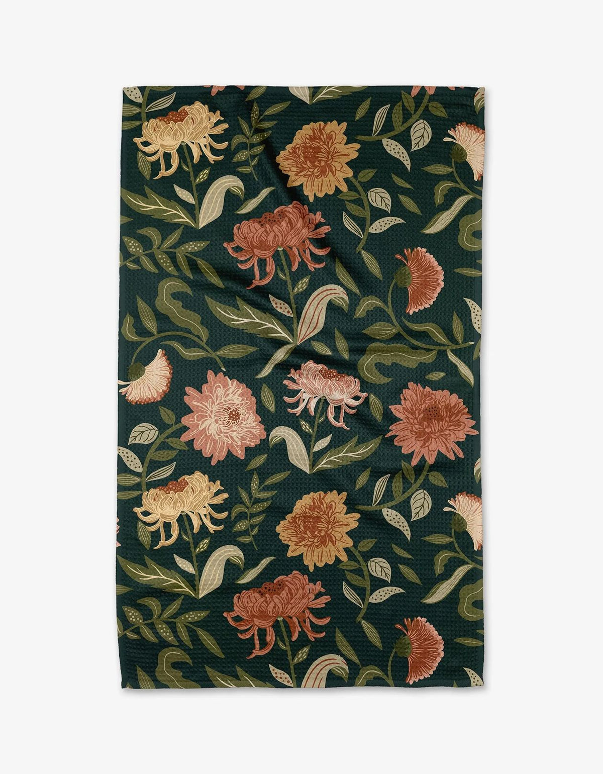 Chrysanthemums In November tea towel in forest green with coral, blush, and gold chrysanthemum floral print