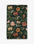 Chrysanthemums In November tea towel in forest green with coral, blush, and gold chrysanthemum floral print