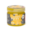 Jar of cleaning putty with a yellow and gray label on a white background