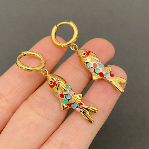Colored enamel fish gold huggie earrings, square product photo for Google Shopping.