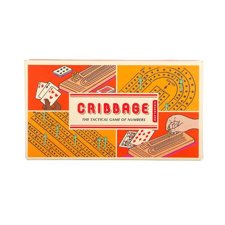 Cribbage board game box with illustrations of gameplay on an orange background