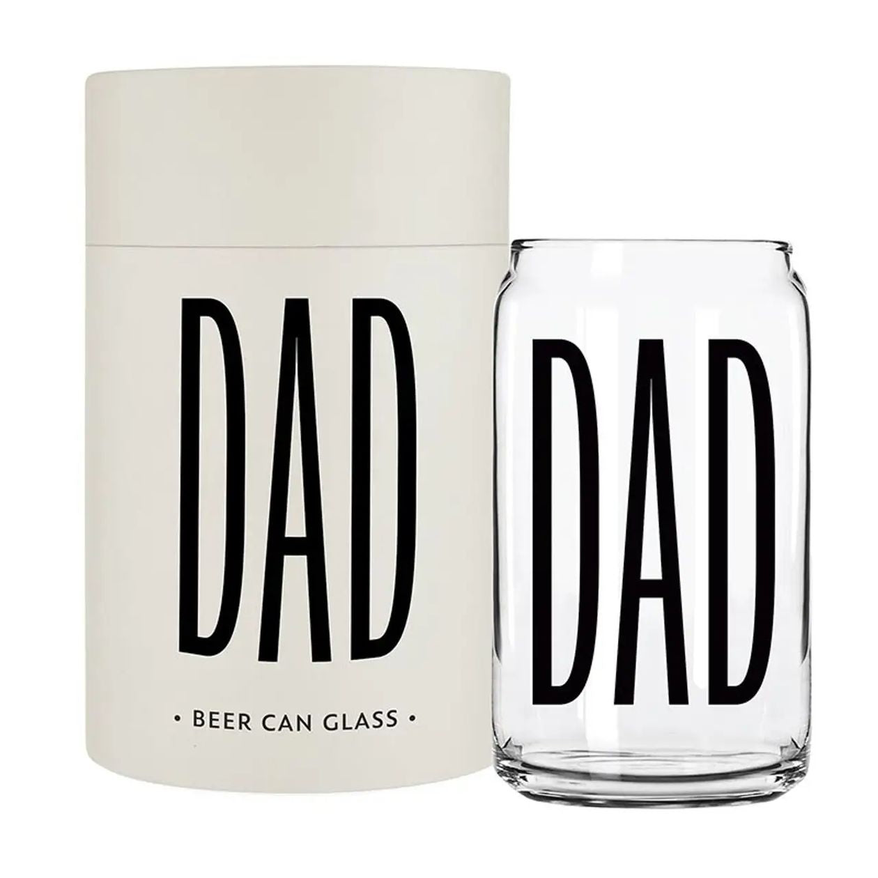 Clear 'DAD' beer can glass with white container on a white background