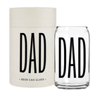 Clear 'DAD' beer can glass with white container on a white background