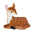 Doe-shaped ceramic dessert plate glazed in brown with white spots and pink ears, shown on a white background