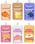 Collection of Barkistreo Buddy Budder peanut butter pouches in various flavors.