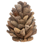 Driftwood sculpture shaped like a pine cone on a white background