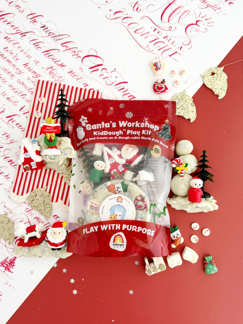 Earth Grown KidDoughs Santa's Workshop KidDough Play Kit flat lay with sprinkles, trees and holiday tools