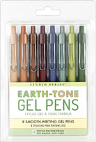 Pack of earth-tone gel pens with colorful caps on a white background