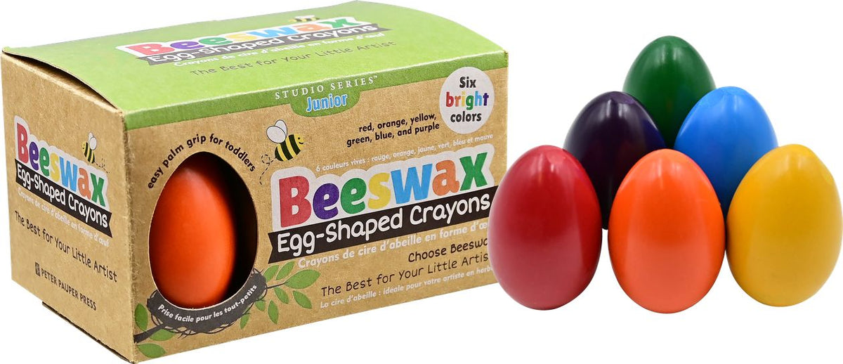 Box of Beeswax Egg-Shaped Crayons with colorful crayons displayed in front