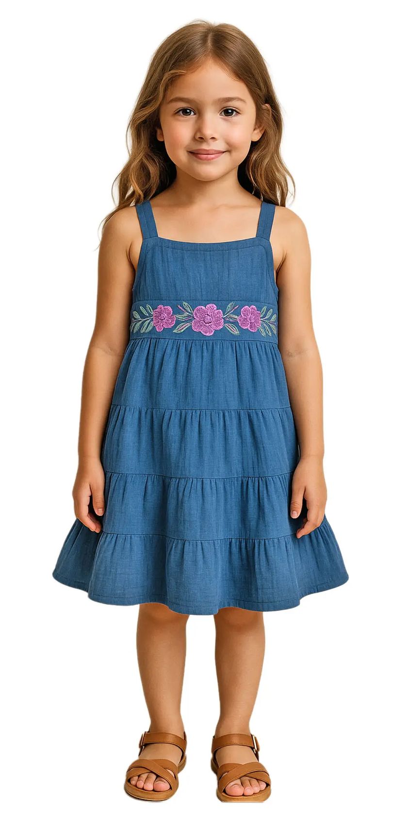 A young girl with light brown hair stands against a white background wearing a tiered blue denim-like dress with pink floral embroidery across the chest, paired with tan sandals.