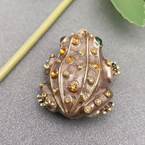 Coffee brown enamel frog brooch inlaid with rhinestones, square crop