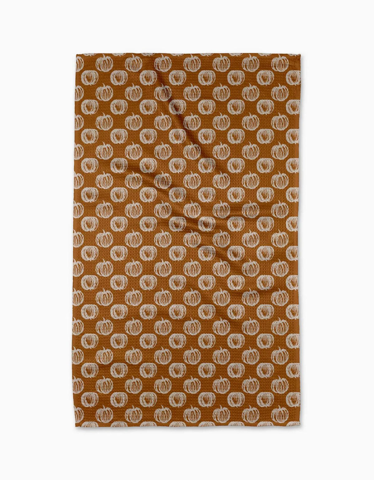 Fall Bounty tea towel in warm caramel brown with cream and slate-blue medallion print