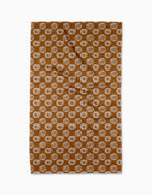 Fall Bounty tea towel in warm caramel brown with cream and slate-blue medallion print