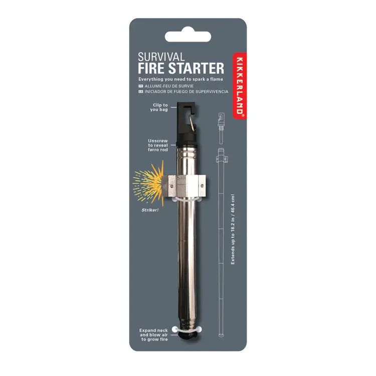Kikkerland survival fire starter on a gray packaging background