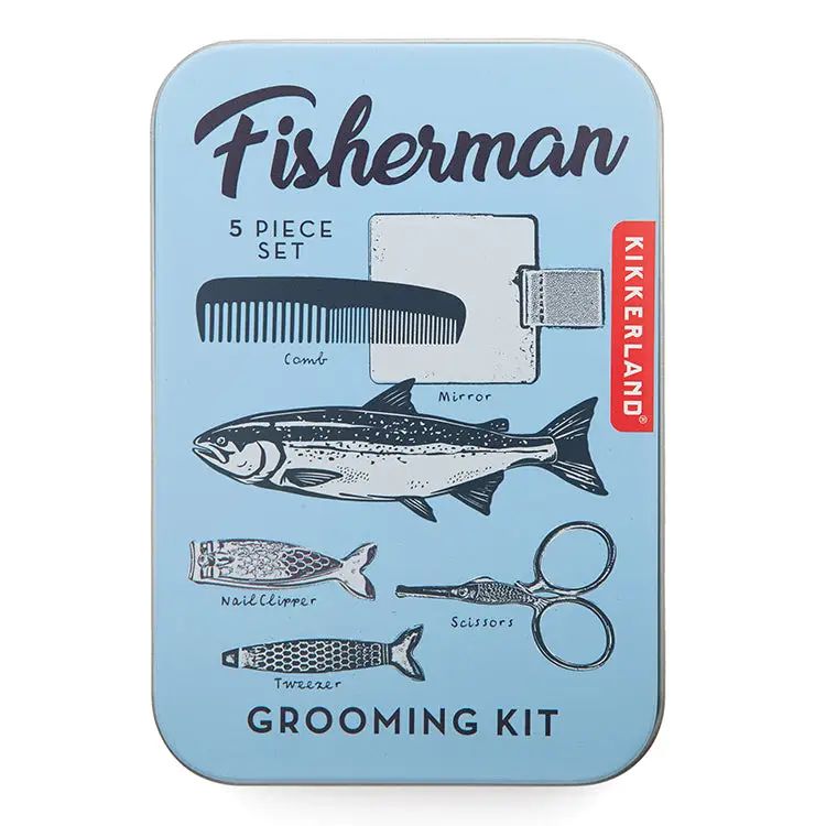 Kikkerland Fisherman Grooming Kit packaging with a fish illustration on a light blue background.