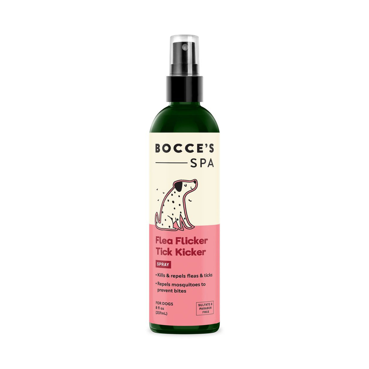 Bottle of Bocce's Spa Flea Flicker Tick Kicker spray on a white background