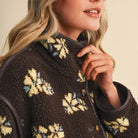 Close-up of the &merci Floral Sherpa Jacket showing the stand collar, button front and soft brown floral sherpa