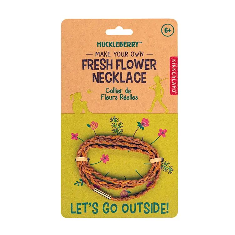 Huckleberry make your own fresh flower necklace kit packaging with a braided necklace on a white background.