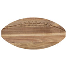 A football-shaped wooden cutting board with a natural wood grain finish and engraved laces, shown on a plain white background.