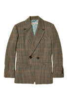 Flat view of the Free People Shiloh Blazer, a boxy brown plaid wool-blend blazer with button front