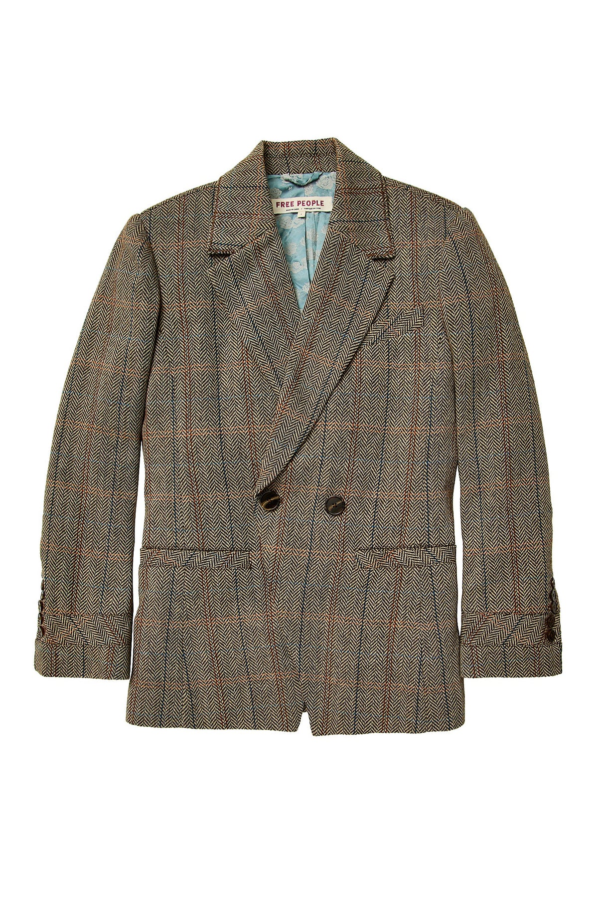 Flat view of the Free People Shiloh Blazer, a boxy brown plaid wool-blend blazer with button front