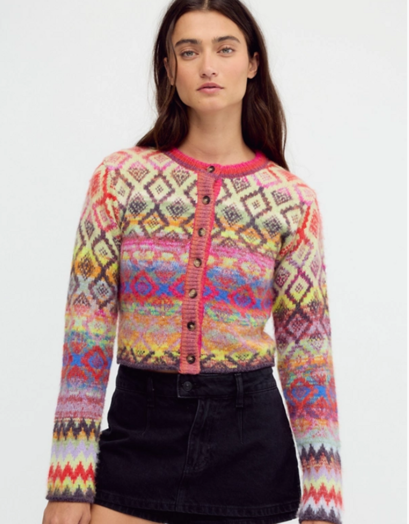 Free People Skye Patterned Cardigan in Rainbow Sky, front view on model
