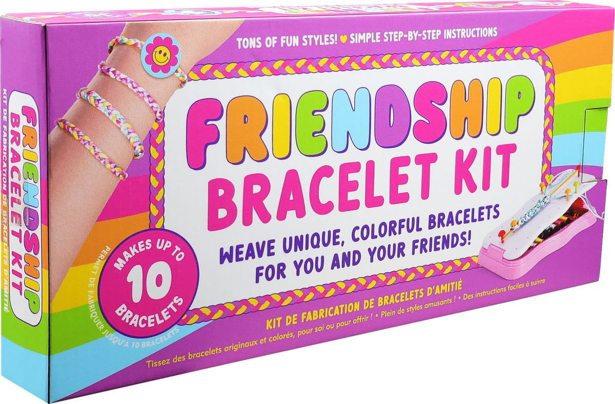 Friendship Bracelet Kit retail box featuring bright rainbow colors, a photo of colorful woven bracelets on a wrist, and text stating it makes up to 10 bracelets.