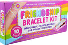 Friendship Bracelet Kit retail box featuring bright rainbow colors, a photo of colorful woven bracelets on a wrist, and text stating it makes up to 10 bracelets.