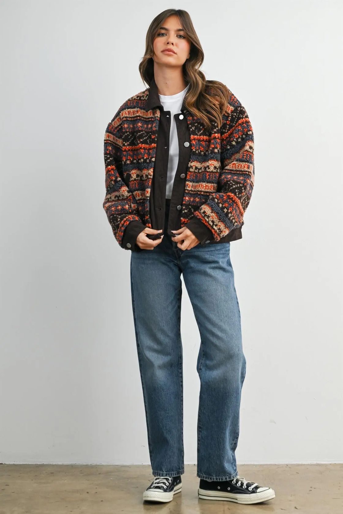 Geometric sherpa fleece jacket with corduroy trim in brown multi, full-length front view
