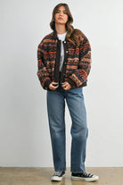 Geometric sherpa fleece jacket with corduroy trim in brown multi, full-length front view