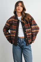 Geometric sherpa fleece jacket in brown multi, front view on model