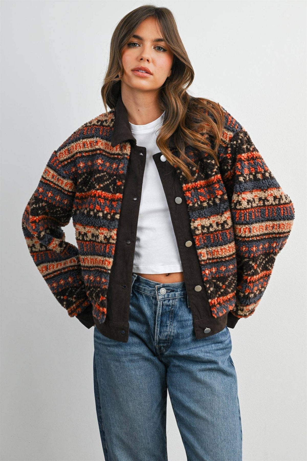 Geometric sherpa fleece jacket in brown multi, front view on model