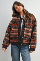 Geometric sherpa fleece jacket in brown multi, styled front