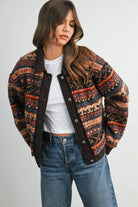 Geometric sherpa fleece jacket in brown multi, alternate front view