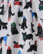 Close-up of the Geometry Dogue Magazine tea towel print of stylish dogs in colorful coats