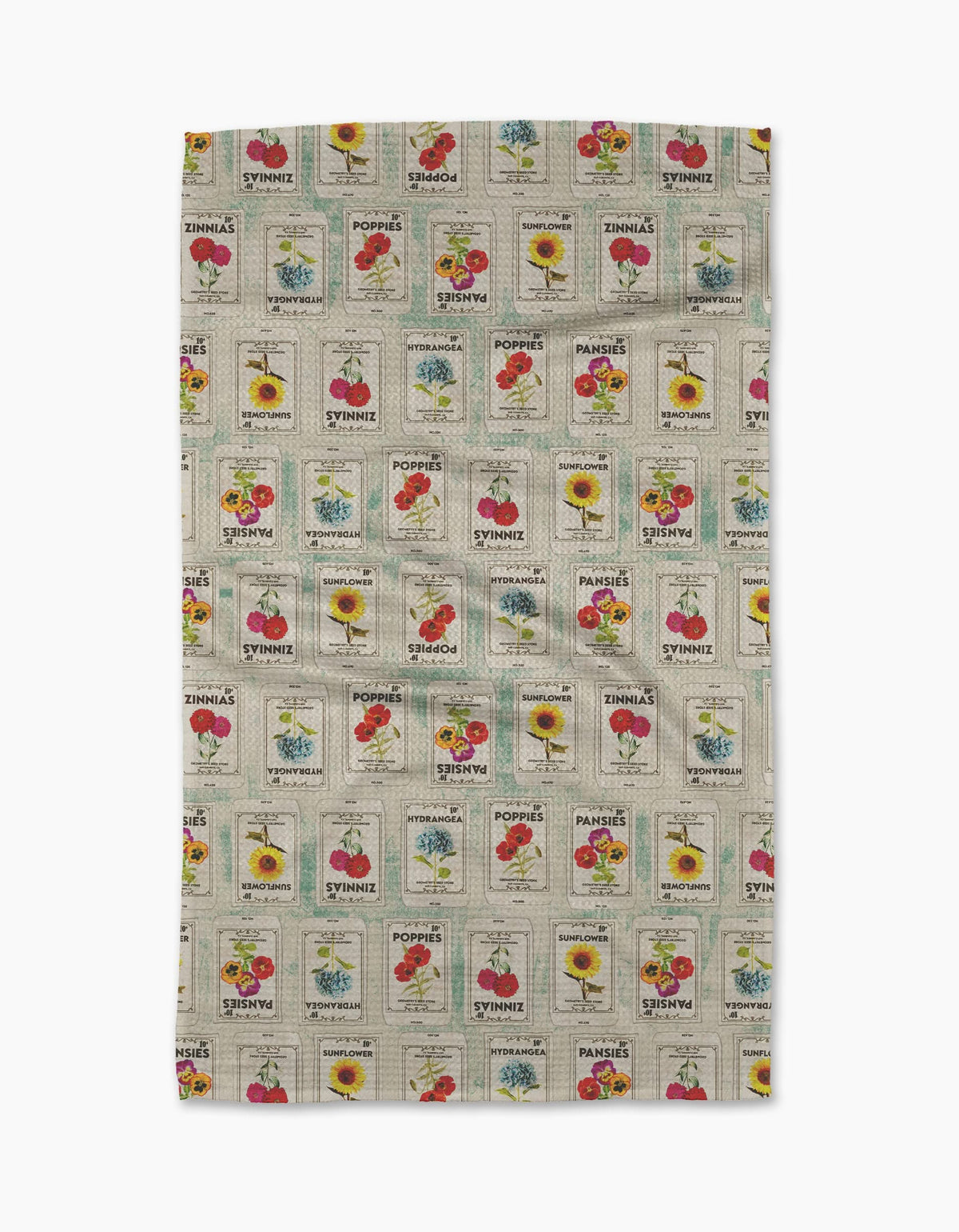 Geometry Flower Seed Packs tea towel showing the vintage seed packet print