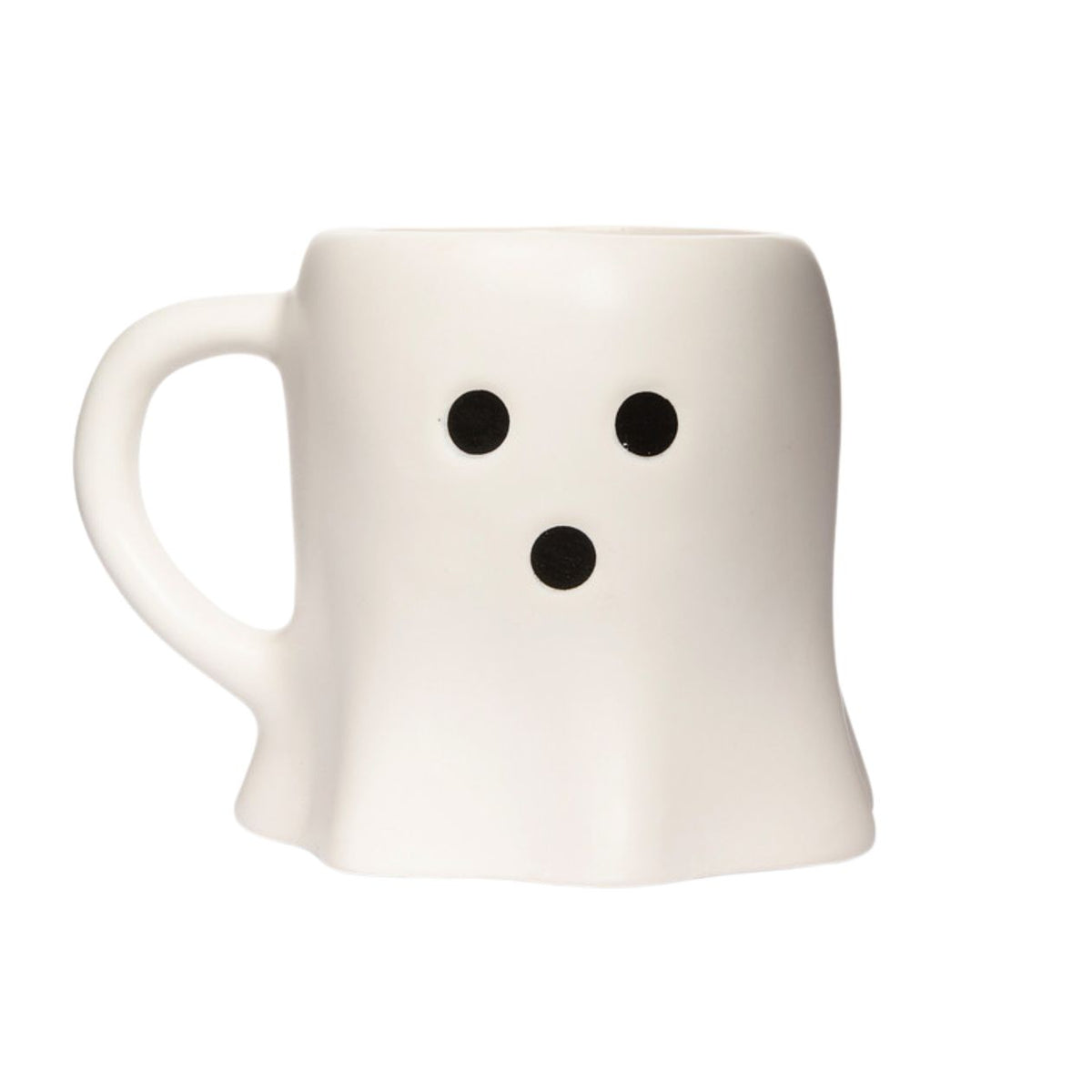 A white ceramic mug shaped like a ghost with a simple black face made of two dots on the upper front and one dot below, shown on a plain white background.